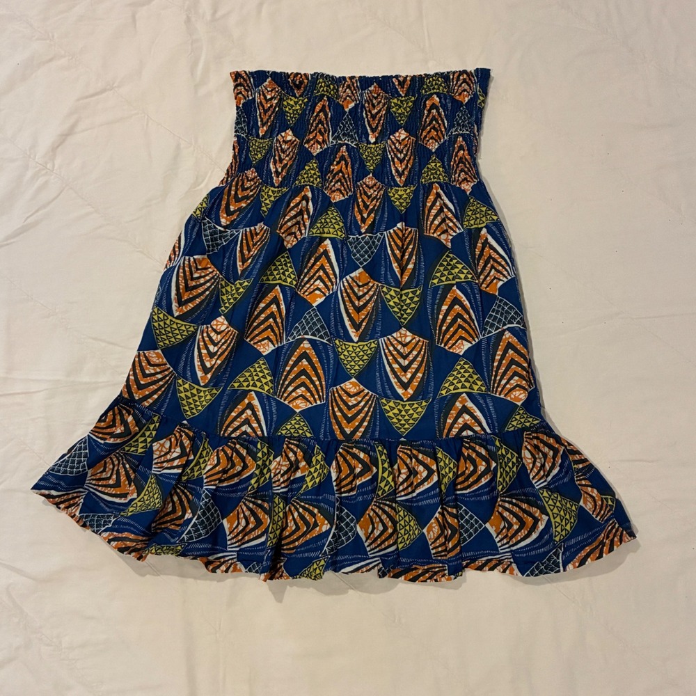 Moda International Skirt Womens S Blue Orange Geometric Tribal Smocked Boho